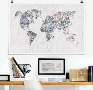 Poster Stadt-, Land- & Weltkarten - Querformat Reisepass Stempel Weltkarte