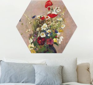Hexagon-Alu-Dibond Bild Kunstdruck Odilon Redon - Blumenvase mit Mohn