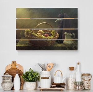 Holzbild Plankenoptik Küche - Querformat Stillleben mit Obstkorb