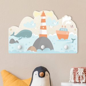 Kindergarderobe Holz Leuchtturm und Wale