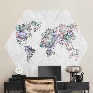 Hexagon Fototapete selbstklebend Reisepass Stempel Weltkarte