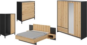 Gami Schlafzimmer-Set "Mimizan", (4 St., Bett, 2x Nachttische, Kleiderschrank, Kommode, Garderobenschrank)