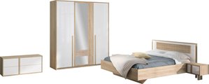 Gami Schlafzimmer-Set "Curtys", (5 St., 1x Bett, 2x hängende Nachttische, 1x Kleiderschrank und 1x Lowboard)