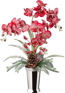 Creativ green Winterliche Kunstpflanze "Weihnachtsdeko", Gesteck in Keramikvase, dekoriert mit Zapfen, Beeren und Farnzweigen