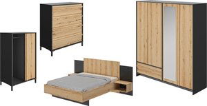 Gami Schlafzimmer-Set "Mimizan", (4 St., Bett, 2x Nachttische, Kleiderschrank, Kommode, Garderobenschrank)
