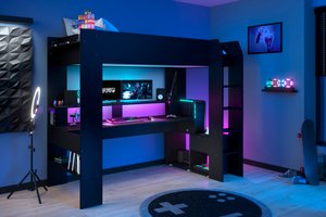 Parisot Hochbett "Gaming-Bett, mit Schreibtisch, USB Anschluss, LED, viel Stauraum"