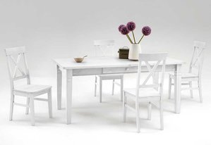 Esstisch mit Stühlen im skandinavischen Landhausstil Weiß Kiefer massiv (fünfteilig)