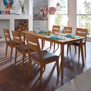 Esstisch mit Stühlen aus Wildeiche Massivholz Braun Kusntleder (siebenteilig)