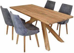 Esstisch mit Stühlen aus Wildeiche Massivholz Grau Microfaser (fünfteilig)