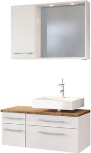 LED Badspiegel mit Waschtisch und Hängeschrank Weiß und Wildeiche Dekor (dreiteilig)
