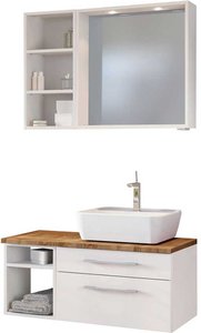 Badspiegel und Waschtisch mit Regal Weiß und Wildeiche Dekor (dreiteilig)