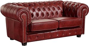 Chesterfield Zweisitzer Sofa in Dunkelrot Echtleder mit Zierknöpfen