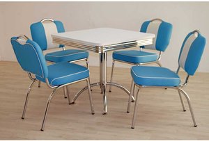 Esstisch mit 4 Stühlen in Blau Weiß gestreift Retro Look (fünfteilig)