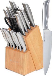 KitchenBrothers Messerset - Messerblock - 16-teilig - mit Schere und Wetzstahl - Rubberwood