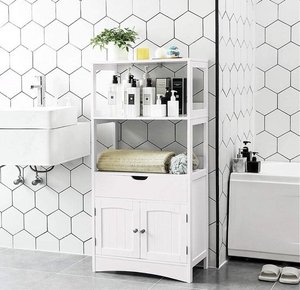 Badezimmerschrank, vielseitiges Badezimmerregal mit 2 offenen Böden, Schrank und Schublade, Badezimmerschrank aus MDF, 60 x 32,5 x 122 cm, weiß BBC64WT
