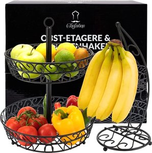Chefarone Obst-Etagere mit Bananenständer - Obstkorb - Bananenhalter - Obstschale - Gemüsekorb - 2 Schichten - Metall - Schwarz