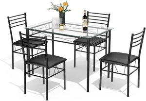 Coast 5-tlg. Esstisch-Set Esstisch mit Glasplatte Essgruppe mit gepolstertem Stuhl Küchentisch mit 4 Stühlen Sitzgruppe für Esszimmer Küche