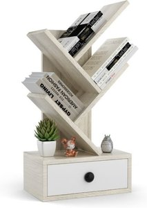 5-Schubladen-Bücherregal in Baumform Freistehendes Bücherregal mit Schublade Mini-Lagerregale Aufbewahrungsregal für CDs Zeitschriften und Bücher Beige