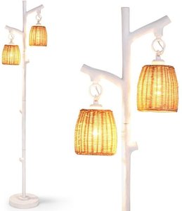 165cm Stehlampe Dimmbare Stehlampe mit 2 Weidenlampenschirmen Stehlampe Weiß für Wohnzimmer Schlafzimmer Arbeitszimmer