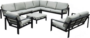 Home Deluxe Gartenlounge Aluminium RIO - - Schwarz, Größe L - bestehend aus 1x Hocker, 2X Sessel 1x Sofa - inkl. Kissen - Farbe schwarz I Gartensitzgruppe Lounge Set Balkonmöbel