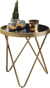 FineBuy Design Beistelltisch PARMA 42 x 46 x 42 cm rund schwarz / Couchtisch matt Gold, Designer Glas Wohnzimmertisch modern, Glastisch mit Metallgestell, Kleiner Sofatisch
