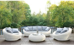 Garten-Sitzgruppe Polyrattan: Sofa, 2 Sessel + Tisch - Cremeweiß - WHITEHEAVEN von MYLIA