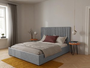 Bett mit Bettkasten & Bett-Kopfteil - 140 x 190 cm - Stoff - Grau - SARAH
