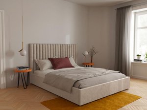 Bett mit Bettkasten & Bett-Kopfteil - 160 x 200 cm - Stoff - Beige - SARAH