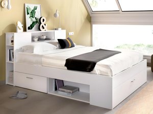 Bett mit Stauraum & Schubladen - 140 x 190 cm - Weiß - LEANDRE