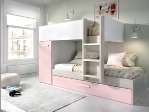 Etagenbett Ausziehbett mit Stauraum + Matratzen - 3x 90 x 190 cm - Weiß, Naturfarben & Rosa - ANTHONY