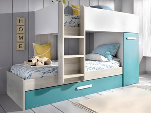 Etagenbett Ausziehbett mit Stauraum + Matratzen - 3x 90 x 190 cm - Weiß, Naturfarben & Blau - ANTHONY