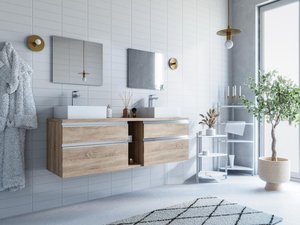 Hängendes Badezimmermöbel mit Doppelwaschbecken und Spiegeln - Naturfarben hell - 150 cm - MAGDALENA II