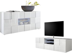 Sparset: TV-Möbel + Sideboard - Weiß lackiert - CALISTO