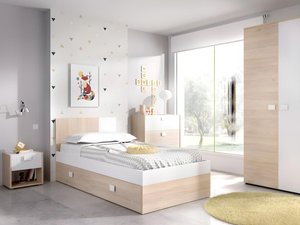 Kinderzimmer-Set mit Ausziehbett 90 x 190 cm - 3 Produkte - Holzfarben und Weiß - SONIA