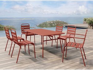 Garten-Essgruppe: Tisch D. 160 cm + 2 stapelbare Sessel + 4 stapelbare Stühle - Metall -  Terracotta - MIRMANDE von MYLIA