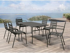 Garten-Essgruppe: Tisch D. 160 cm + 2 stapelbare Sessel + 4 stapelbare Stühle - Metall -  Dunkelgrau - MIRMANDE von MYLIA