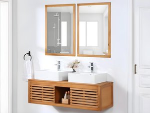 Waschbeckenunterschrank hängend mit Doppelwaschbecken + 2 Spiegel - Akazienholz - 130 cm - PENEBEL