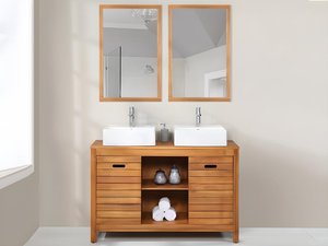 Waschbeckenunterschrank mit Doppelwaschbecken + 2 Spiegel - Akazienholz - 130 cm - PULUKAN
