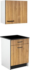 Küchenmöbel - 1 Unterschrank & 1 Oberschrank - 2 Türen & 1 Schublade - Holzfarben & Schwarz - TRATTORIA