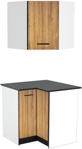 Kücheneckschränke - 1 Unterschrank & 1 Oberschrank - 2 Türen - Holzfarben & Schwarz - TRATTORIA