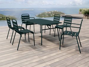 Garten-Essgruppe: Tisch L. 160 cm + 2 stapelbare Sessel + 4 stapelbare Stühle - Metall - Tannengrün - MIRMANDE von MYLIA