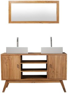 Badmöbel mit Doppelwaschbecken + Spiegel - 135 cm - Teakholz - GIANYAR