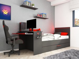 Ausziehbett Gamer mit Schreibtisch & LEDs - Anthrazit & Rot - VOUANI