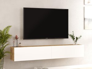 Hängendes TV-Möbel mit 2 Türen - Weiß & Holzfarben- AUBEPINA