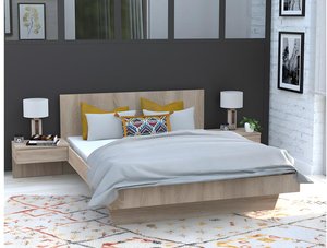 Bett mit Nachttischen + Matratze - 140 x 190 cm - Holzfarben - MARVELLOUS