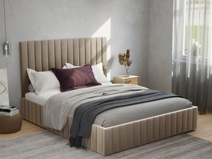 Bett mit Bettkasten + Matratze - 140 x 190 cm - Bett-Kopfteil mit vertikalen Ziernähten - Samt - Taupe - LARALI