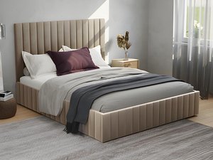 Bett mit Bettkasten + Matratze - 180 x 200 cm - Bett-Kopfteil mit vertikalen Ziernähten - Samt - Taupe - LARALI