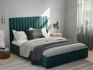 Bett mit Bettkasten + Matratze - 160 x 200 cm - Bett-Kopfteil mit vertikalen Ziernähten - Samt - Blau - LARALI