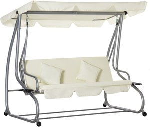 Outsunny Schaukelstuhl 3-Sitzer Hollywoodschaukel mit Sitz- und Rückenlehnen Tablett Sitzbank Schwingbank Dachwinkel verstellbar Beige