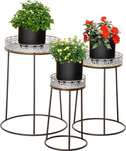 Outsunny Blumenständer 3er Set aus Metall Pflanzenständer Set Blumenhocker Blumentopfhalter Pflanzenhocker für Blumentopf Stapelbar Kaffee+Silber